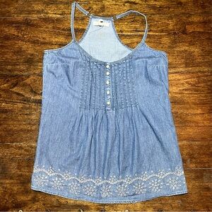 Aéropostale Denim Boho Tank Cami XS Blue Embroidered Y2K Cottagecore Pleated 90s